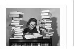 1950s portrait of woman sitting with stacks of books by Anonymous