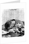 1930s man with head on his desk holding stock ticker tape by Anonymous