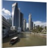 Boat on the Singapore river, the Cavenagh Bridge and the downtown by Anonymous