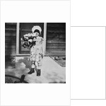 Young girl with a bouquet of flowers on her doorstep, ca. 1928. by Anonymous