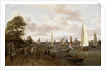 A Panoramic View of Amsterdam with a barge and smallships on the Buiten-Amstel by Abraham Storck