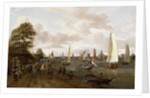 A Panoramic View of Amsterdam with a barge and smallships on the Buiten-Amstel by Abraham Storck