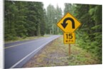 A signpost on a forest road warning of a U turn in the Cascade Mountains of Central Oregon by Corbis