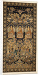 A rare silk brocade hanging of the Buddhist paradise, Lampas, with the Buddha in three mudras, representing the Past, Present and Future above Eighteen Luohans by Anonymous