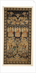 A rare silk brocade hanging of the Buddhist paradise, Lampas, with the Buddha in three mudras, representing the Past, Present and Future above Eighteen Luohans by Anonymous