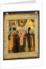 The Appearance of the Holy Mother of God to Saints Sergei and Nikon, Depicted full length, in Front of an Architectural Facade, with the Old Testament Trinity Above by Anonymous