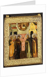The Appearance of the Holy Mother of God to Saints Sergei and Nikon, Depicted full length, in Front of an Architectural Facade, with the Old Testament Trinity Above by Anonymous