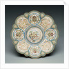 An overhead view of a shaded enamel silver-gilt tazza, the base bearing an engraved Faberge mark by Anonymous