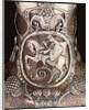 Detail from a Faberge Russian Pan-Slavic style silver-mounted art pottery vase depicting a mounted knight in armour by Anonymous