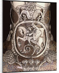 Detail from a Faberge Russian Pan-Slavic style silver-mounted art pottery vase depicting a mounted knight in armour by Anonymous