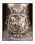Detail from a Faberge Russian Pan-Slavic style silver-mounted art pottery vase depicting a mounted knight in armour by Anonymous