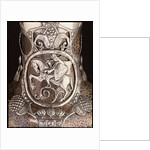 Detail from a Faberge Russian Pan-Slavic style silver-mounted art pottery vase depicting a mounted knight in armour by Anonymous