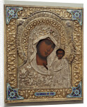 An enamel and silver-gilt icon of the Virgin Kazanskaya, the oklad marked Moscow by Anonymous