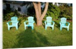 Turquois lawn chairs and green grass at sunset by Anonymous