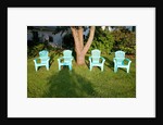 Turquois lawn chairs and green grass at sunset by Anonymous