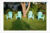 Turquois lawn chairs and green grass at sunset by Anonymous