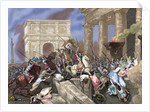 Sack of Rome by the Visigoths led by Alaric I in 410. Colored engraving. by Anonymous
