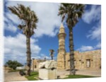 Caesarea Harbor National Park, Crusader City, a roman sarcophagus adorned with rosettes and the minaret of Bosnian Mosque by Anonymous