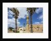 Caesarea Harbor National Park, Crusader City, a roman sarcophagus adorned with rosettes and the minaret of Bosnian Mosque by Anonymous
