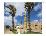 Caesarea Harbor National Park, Crusader City, a roman sarcophagus adorned with rosettes and the minaret of Bosnian Mosque by Anonymous