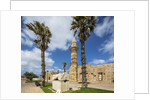 Caesarea Harbor National Park, Crusader City, a roman sarcophagus adorned with rosettes and the minaret of Bosnian Mosque by Anonymous