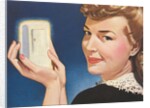 Woman Holding Miniature Fridge by Anonymous
