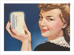 Woman Holding Miniature Fridge by Anonymous