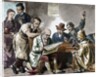 Reading the newspaper in the tavern. Colored engraving, 1876. by Anonymous
