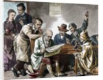 Reading the newspaper in the tavern. Colored engraving, 1876. by Anonymous
