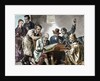 Reading the newspaper in the tavern. Colored engraving, 1876. by Anonymous