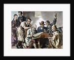 Reading the newspaper in the tavern. Colored engraving, 1876. by Anonymous