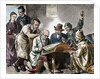 Reading the newspaper in the tavern. Colored engraving, 1876. by Anonymous