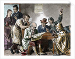 Reading the newspaper in the tavern. Colored engraving, 1876. by Anonymous