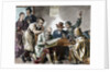 Reading the newspaper in the tavern. Colored engraving, 1876. by Anonymous