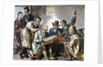 Reading the newspaper in the tavern. Colored engraving, 1876. by Anonymous