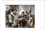Reading the newspaper in the tavern. Colored engraving, 1876. by Anonymous