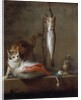 Cat with a slice of salmon, two mackerels, mortar and pestle by Jean Baptiste Simeon Chardin