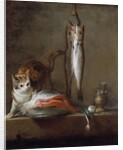 Cat with a slice of salmon, two mackerels, mortar and pestle by Jean Baptiste Simeon Chardin