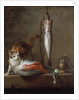 Cat with a slice of salmon, two mackerels, mortar and pestle by Jean Baptiste Simeon Chardin