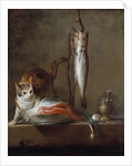 Cat with a slice of salmon, two mackerels, mortar and pestle by Jean Baptiste Simeon Chardin