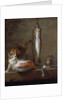 Cat with a slice of salmon, two mackerels, mortar and pestle by Jean Baptiste Simeon Chardin