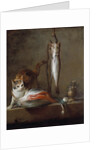 Cat with a slice of salmon, two mackerels, mortar and pestle by Jean Baptiste Simeon Chardin