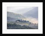 View from above of Tuscan villa and vineyard on a foggy morning by Anonymous