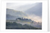 View from above of Tuscan villa and vineyard on a foggy morning by Anonymous