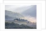 View from above of Tuscan villa and vineyard on a foggy morning by Anonymous