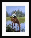 A young woman riding stops for her horse to drink by Anonymous