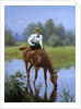 A young woman riding stops for her horse to drink by Anonymous