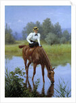 A young woman riding stops for her horse to drink by Anonymous