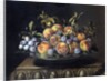 Peaches and plums in a pewter plate by Pierre Dupuis