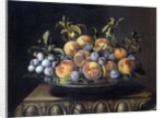 Peaches and plums in a pewter plate by Pierre Dupuis